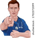 A nurse or doctor in surgical or hospital scrubs pointing in a your country needs or wants you gesture