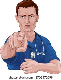 A nurse or doctor in surgical or hospital scrubs pointing in a your country needs or wants you gesture