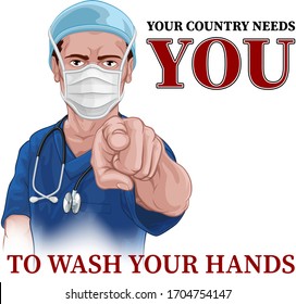 A nurse or doctor in surgical or hospital scrubs and mask pointing in a your country needs or wants you gesture. With the message to wash your hands