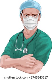 A nurse or doctor in surgical or hospital scrubs uniform with a stethoscope around his neck and wearing protective surgical mask PPE