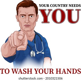 A nurse or doctor in surgical or hospital scrubs pointing in a your country needs or wants you gesture. With the message to wash your hands