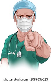 A nurse or doctor in surgical or hospital scrubs and mask pointing in a your country needs or wants you gesture