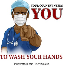 A nurse or doctor in surgical or hospital scrubs and mask pointing in a your country needs or wants you gesture. With the message to wash your hands