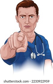 A nurse or doctor in surgical or hospital scrubs pointing in a your country needs or wants you gesture