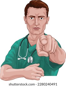 A nurse or doctor in surgical or hospital scrubs pointing in a your country needs or wants you gesture