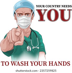 A nurse or doctor in surgical or hospital scrubs and mask pointing in a your country needs or wants you gesture. With the message to wash your hands