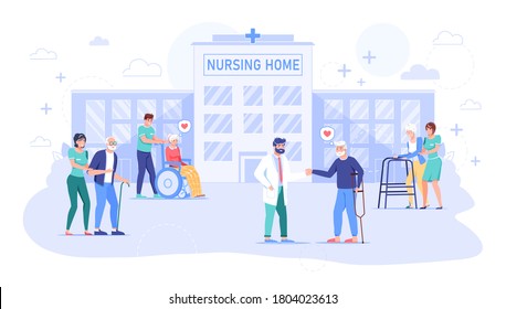 Nurse, doctor taking care about senior grandmother, grandfather in hospital. Nursing home building exterior. Rehabilitation, health care for old, sick, disabled people. Center for retired man, woman