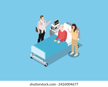 Enfermera y médico hablando con su paciente en el hospital 3d ilustración vectorial isométrica