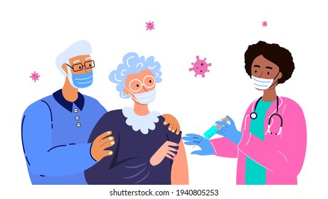 Nurse Doctor Vaccinate Old Retired Couple Woman, Man.COVID pandemic Inoculation Concept illustration for immunity health.Elderly Couple in hospital.Doctor in a medical Uniform.Flat Vector illustration