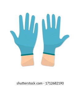 The nurse or doctor wears blue disposable gloves. Flat design.Vector illustration stock. Hands putting on protective blue gloves. Coronavirus and self protective concept. Latex gloves as a symbol