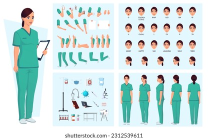 Nurse, Doctor Woman Character Creation Pack with Gestures, Face Expressions, Hospital Equipment and Medical Supplies.