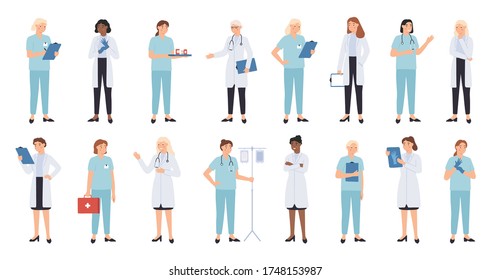 Nurse and doctors. Women doctors team. Medical staff doctor and nurse, medics, professional paramedic vector physician characters. Therapist doctor stethoscope or dropper illustration