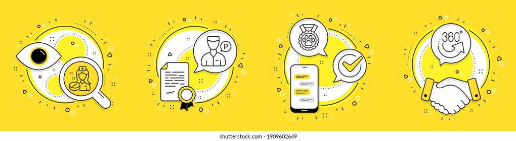 Nurse, Dog Competition And Valet Servant Line Icons Set. Licence, Cell Phone And Deal Vector Icons. 360 Degrees Sign. Medicine Pill, Winner Medal, Parking Man. Full Rotation. Business Set. Vector