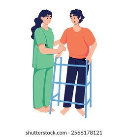 Nurse doing handicapped patient help, flat illustration 