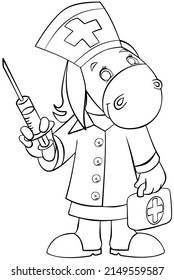 Nurse donkey. Element for coloring page. Cartoon style.