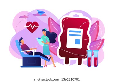 Nurse With Donor Sitting In Medical Chair And Donating Blood In Donation Bag. Blood Donation, Blood Donor, Hemolytic Transfusion Bank Concept. Bright Vibrant Violet Vector Isolated Illustration