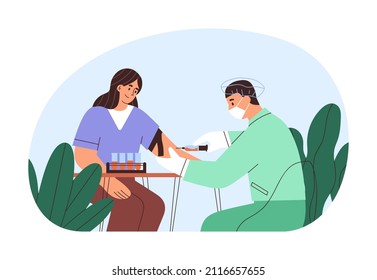 Nurse drawing, taking vein blood sample from arm for laboratory test. Doctor with syringe and patient in lab. Medical checkup and analysis. Flat vector illustration isolated on white background