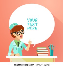 Nurse dressed in a white lab coat and stethoscope sitting at the table and giving advice. Physician with pointing finger and speech bubble. Vector colorful illustration in flat style