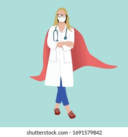 Nurse in a dressing gown and mask. In a superhero costume, in a cloak. Flat illustration