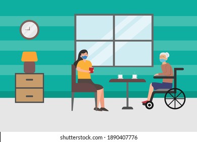 Nurse drinking coffee and reading story to an elderly woman 2D flat vector concept for banner, website, illustration, landing page, flyer, etc.