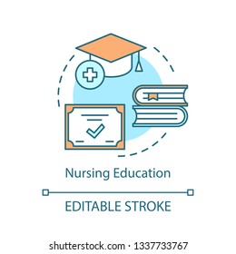 Nurse Education Concept Icon. Medical Qualification Idea Thin Line Illustration. Nursing Care, Service Degree Vector Isolated Outline Drawing. Therapist, Physician, Doctor Diploma. Editable Stroke