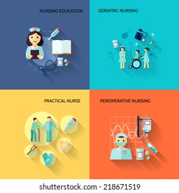 Nurse Education Geriatric Practical Medical Service Flat Icons Set Isolated Vector Illustration