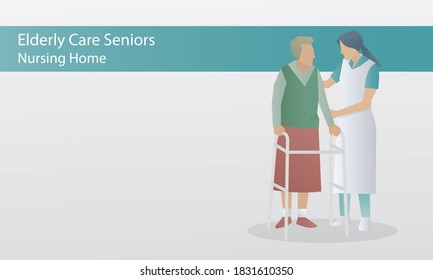 Nurse with elderly patient care,Home care services for seniors,Nurse or volunteer worker taking care of grandma,
Vector characters illustration.