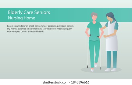 Nurse with elderly patient care,Home care services for seniors,Nurse or volunteer worker taking care of grandma, Vector characters illustration.