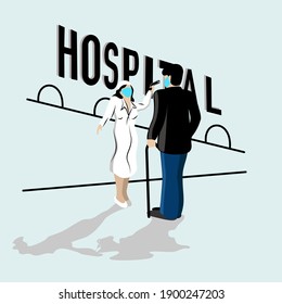 A nurse at the entrance to the hospital measures the patient's temperature. Vector illustration.