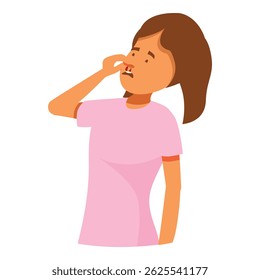 Nurse experiencing nosebleed, touching her nose with blood, concept of epistaxis and healthcare