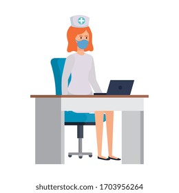 nurse with face mask in desk and laptop vector illustration design