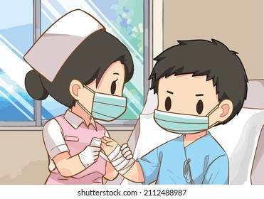 A nurse in Face Mask visits and takes care of a Patient. This woman helps to treat the wound in the hospital. Patient care during illness. She bandages his flesh. Freehand drawing cartoon vector