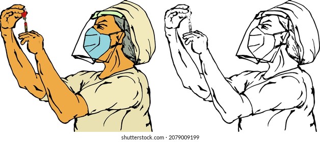 Nurse With Face Shield And Mask Refill A Hypodermic Syringe With Vaccine. Hand Drawn Vector Illustration.  