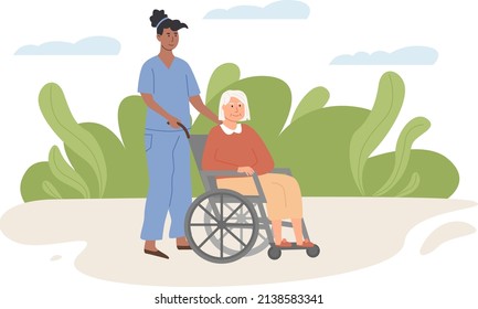 A nurse or female doctor and old age woman on wheelchair outdoors. Volunteer helping elderly lady. Scene of social worker with senior person in nature. Assisted living concept. Vector illustration.