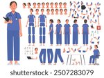 Nurse. Female doctor. Set for creating customized illustrations and character animation. Different positions of arms, legs, head. Vector illustration in flat style