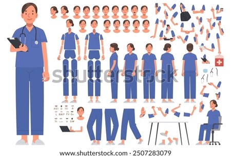 Nurse. Female doctor. Set for creating customized illustrations and character animation. Different positions of arms, legs, head. Vector illustration in flat style