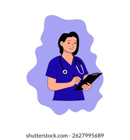 Nurse. Female doctor. Writing a prescription for her patient, illustration for hospital banner and poster