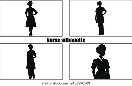 Nurse female silhouettes Set, silhouettes of Nurse in Hospital  black Clipart Collection
