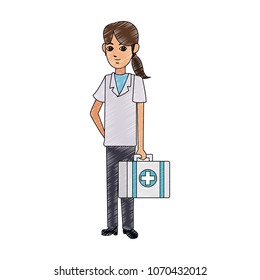 Nurse with first aids suitcase scribble