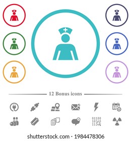 Nurse flat color icons in circle shape outlines. 12 bonus icons included.