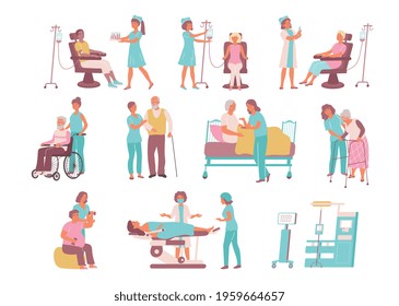 Nurse flat icon set with care for the sick and elderly help with medical procedures vector illustration