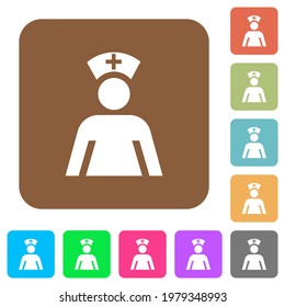 Nurse flat icons on rounded square vivid color backgrounds.