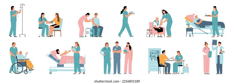 Nurse flat icons set with medical professional service scenes isolated vector illustration