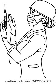 Nurse Getting Ready to Give an Injection for Coloring Book. Vector Illustration of a Nurse in a Medical Gown and a Protective Mask Holding a Disposable Syringe with a Vaccine. Medicine Concept