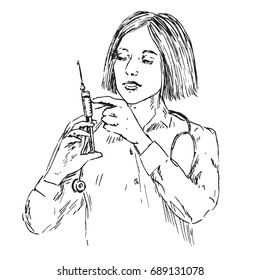 Nurse getting ready to inject, hand drawn doodle, sketch in pop art style, black and white vector illustration