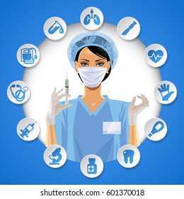 Nurse girl in a round frame with medical care icon set. Medical care template and web design. Vector Illustration