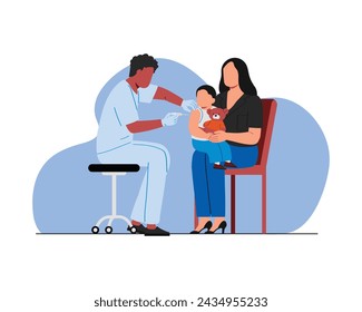 Una enfermera administra una inyección a un niño mientras la madre lo sostiene. Vector de carácter de diseño de estilo plano para ilustración médica y de atención médica.