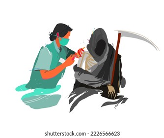 Nurse gives Injection for Grim Reaper. Vaccination, hope for salvation. Victory over death. Vector illustration