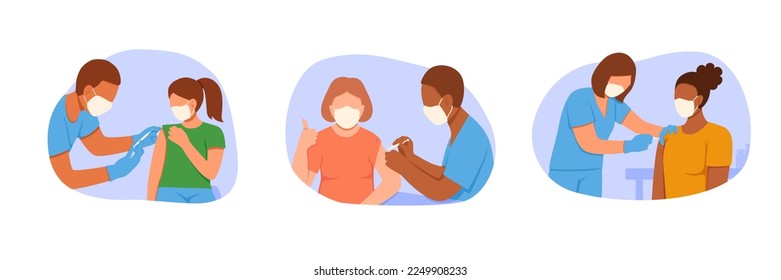 Nurse gives injection with vaccine. Set of patient and doctors on vaccination procedure. Health care concept stop virus and flu. Vetor illustration in cartoon flat style