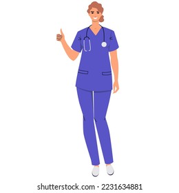 Nurse gives a thumb up. Female doctor isolated on white background. Gesture of approval, cool, Ok. Medical worker with stethoscope and wearing scrubs. Smiling character. Flat style, vector .